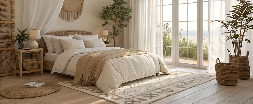 A serene bedroom with natural light and neutral tones featuring